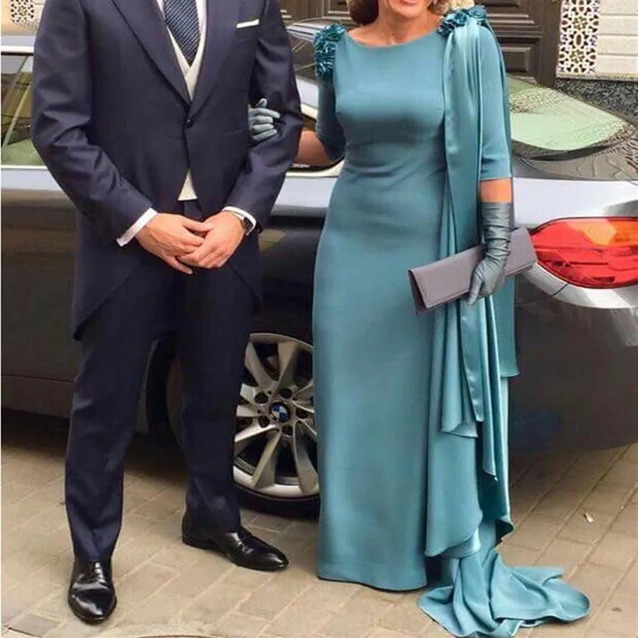 Teal niebieskie sukienki wieczorowe Pochwa trzy ćwierć rękawy Drapped Women Formal Mother of the Bride Dress vestido de fiesta de no248t