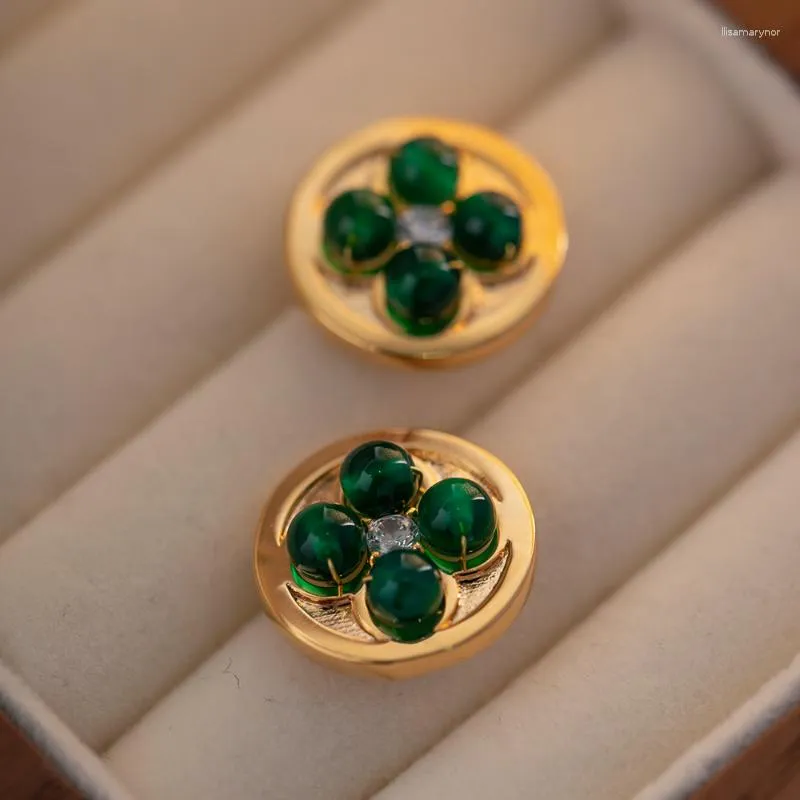 Studörhängen Minar Luxury Green Agate Natural Stone CZ Zircon Round Coin 14k Real Gold Plated Brass Statement Earring for Women