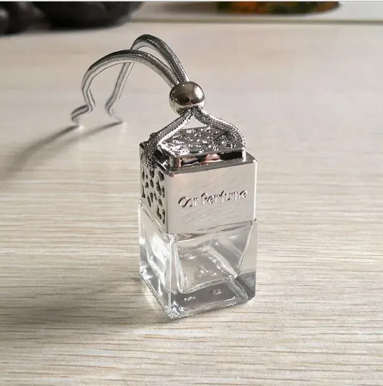 Cube Hollow Car Perfume Bottle Rearview Ornament Hanging Air Freshener For Oils Diffuser Fragrance Empty Glass Bottle Pendant