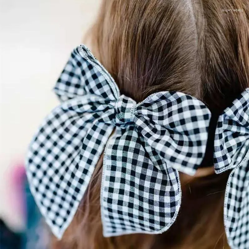 Accessoires pour cheveux, pinces à cheveux mignonnes pour bébé fille, 5.7 pouces, grand nœud, fait à la main, en coton, Vintage, à carreaux, pour enfants, printemps