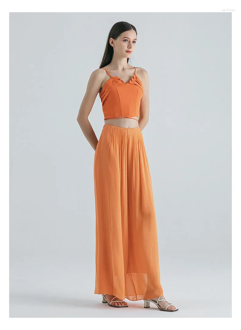 Женские брюки из шелкового жоржета, оранжевые плиссированные брюки-кюлоты с натуральной талией, двухслойные широкие брюки, уличная женская одежда KE857