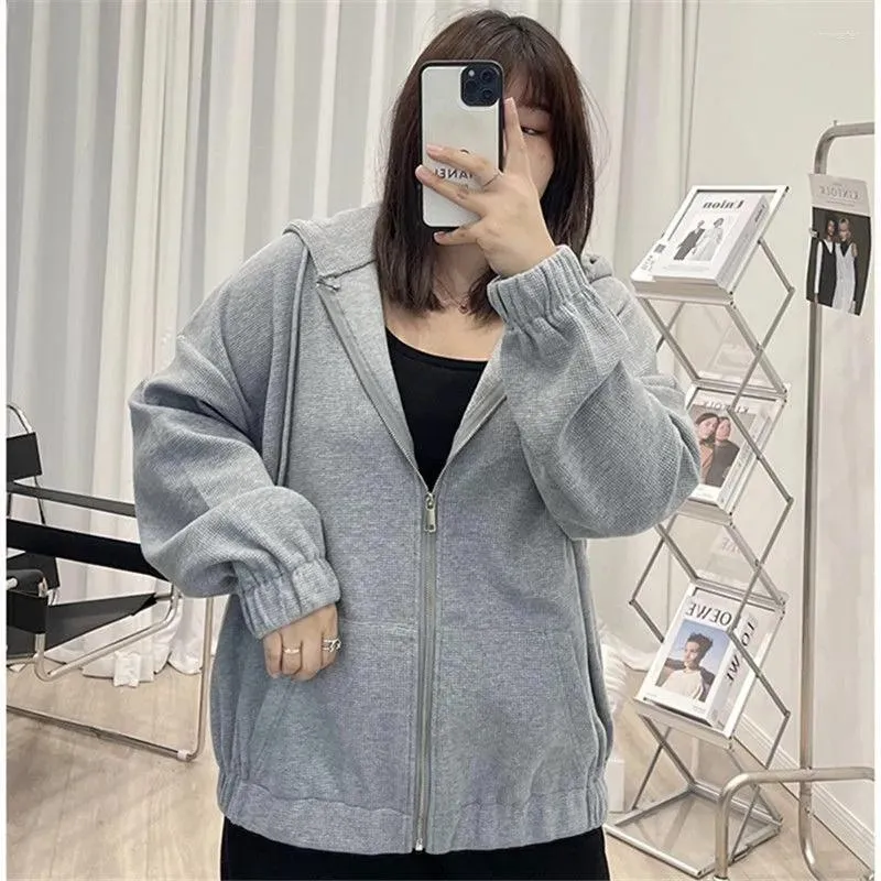 Sweats à capuche pour femmes 2023 surdimensionné 4XL lâche printemps femmes gaufres sweats à carreaux manteau à glissière dame top vestes décontractées confortables vêtements d'extérieur minces