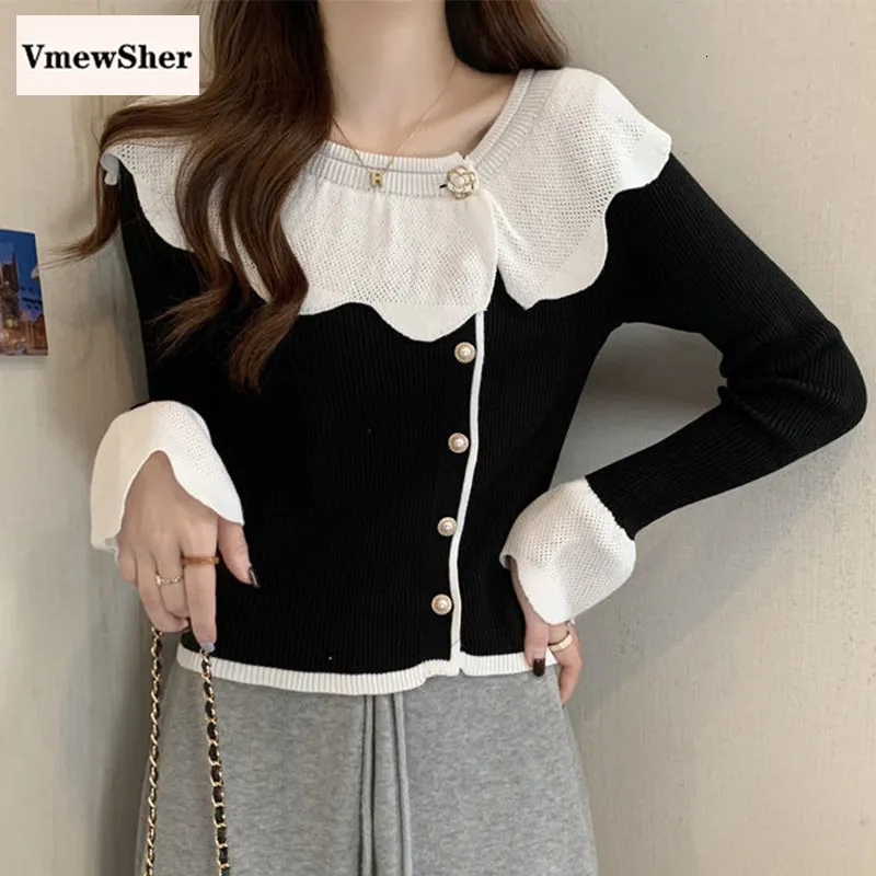 Suéteres femininos Vmewsher Pretty Mulheres Knit Tops Primavera Patchwork Contraste Cor Manga Longa Peter Pan Collar Doce Slim Ruffles Gilrs Pulôveres 230915