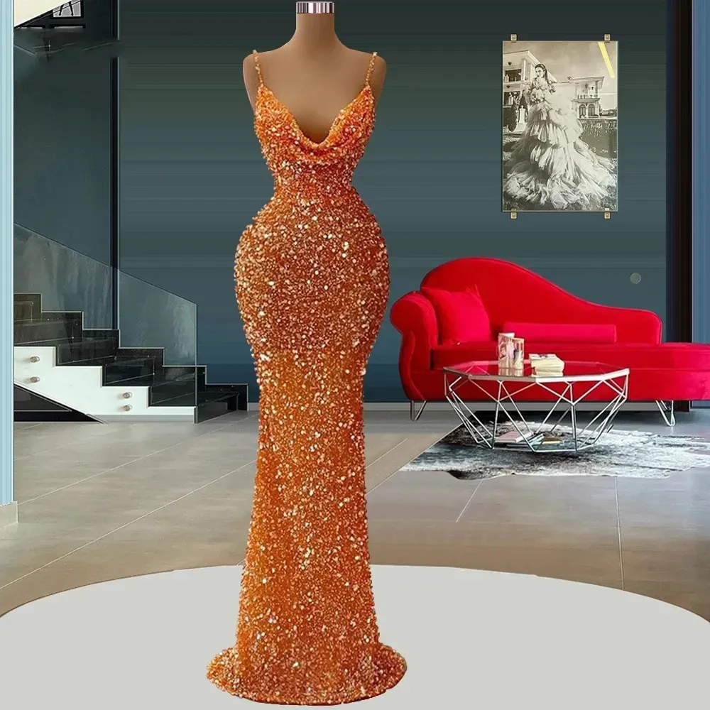 Orange Sparkling Mermaid Evening Dresses Women's Sweetheart Sleeveless Sequins Princess Prom Gowns Formal Beach Party Robe 328 328