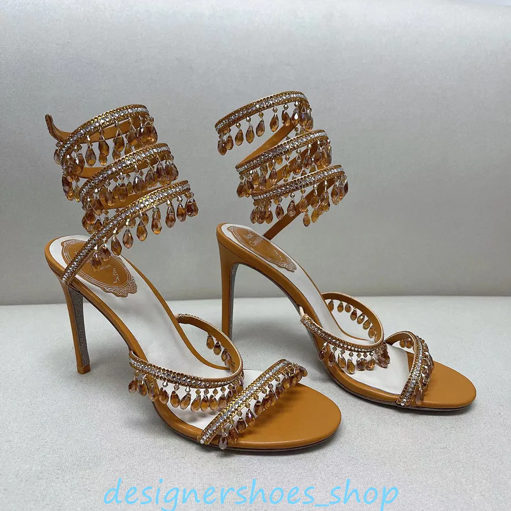 Kristaller süslenmiş rhinestone topuklular sandallar rene caovilla cleo 95mm tasarımcılar ayak bileği sarar kadınlar yüksek topuklu sandal çiçek rhinestone akşam ayakkabıları