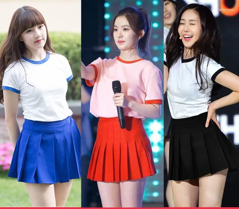 Robes de travail Kpop Girl Group Slim manches courtes col rond T-shirt hauts femmes sexy pom-pom girl costume discothèque fête mini jupe plissée ensembles