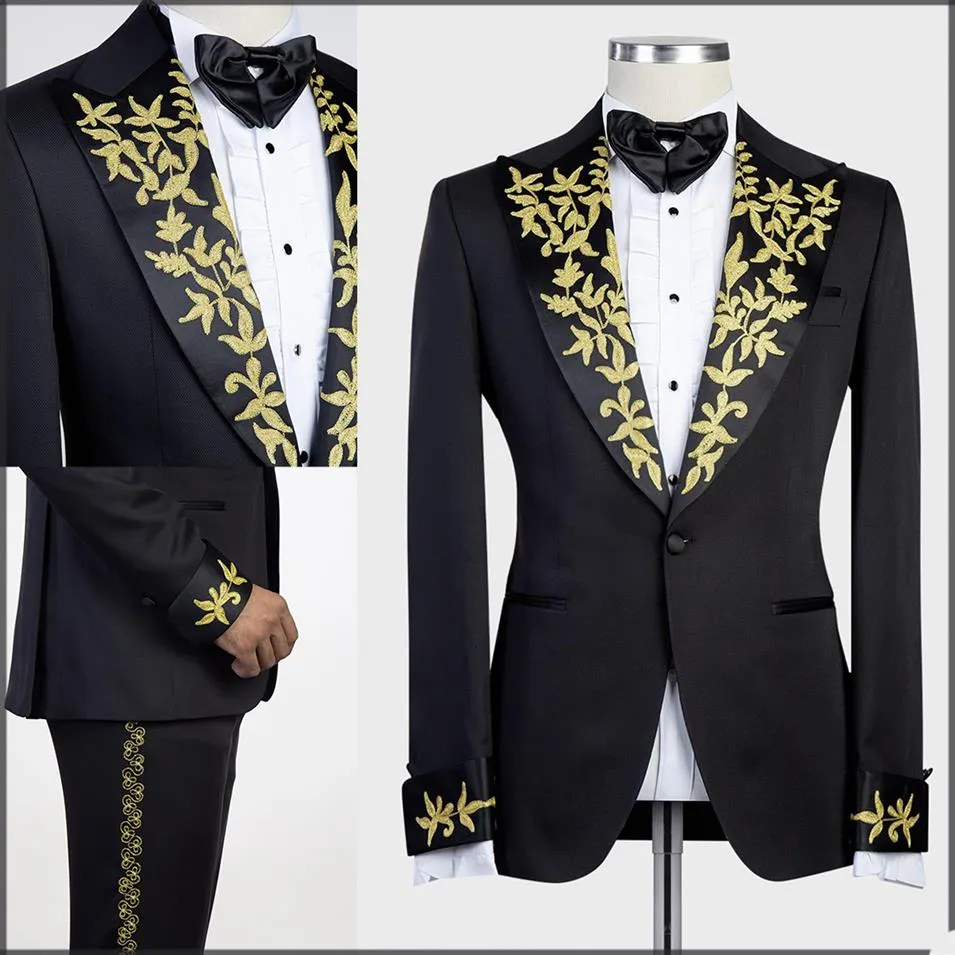 Black Mens Tuxedos Gold Appliques Groom Slim Fit Wedding Blazer Suits Formal Prom Party Pants Coat Jacket 2 Pieces272G