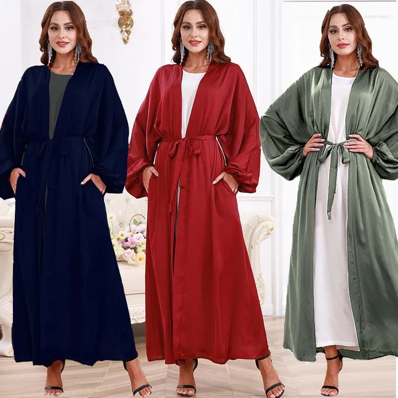 Ubranie etniczne Eid Arabia moda stała kolor Bubble Sleeve Cardigan na Bliskim Wschodzie Dubaj Turcja Kaftan Abaya Long Dress Islamski chusta na głowę