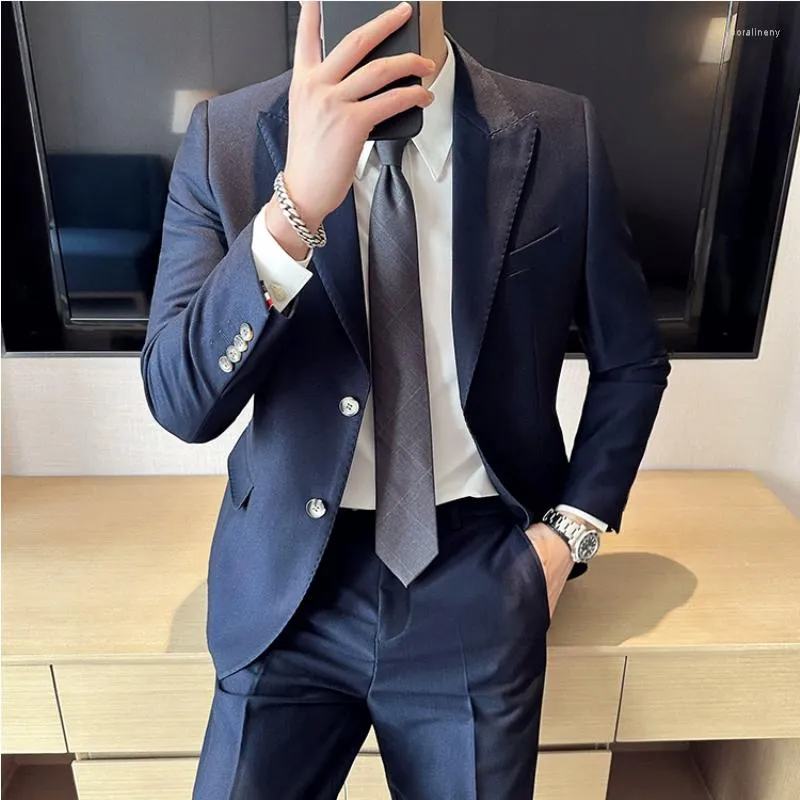 Mens Suits Jacket Pants Elegant Fashion Slim Fit Formal Business