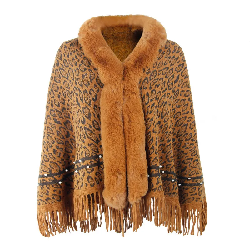 Kvinnors tröjor Autumn Winter Poncho Women Leopard Tassel Cardigan Coats Warm Sticked Scarf Collar Casual Cape Shawl Femlae Fashion Cloak 230915