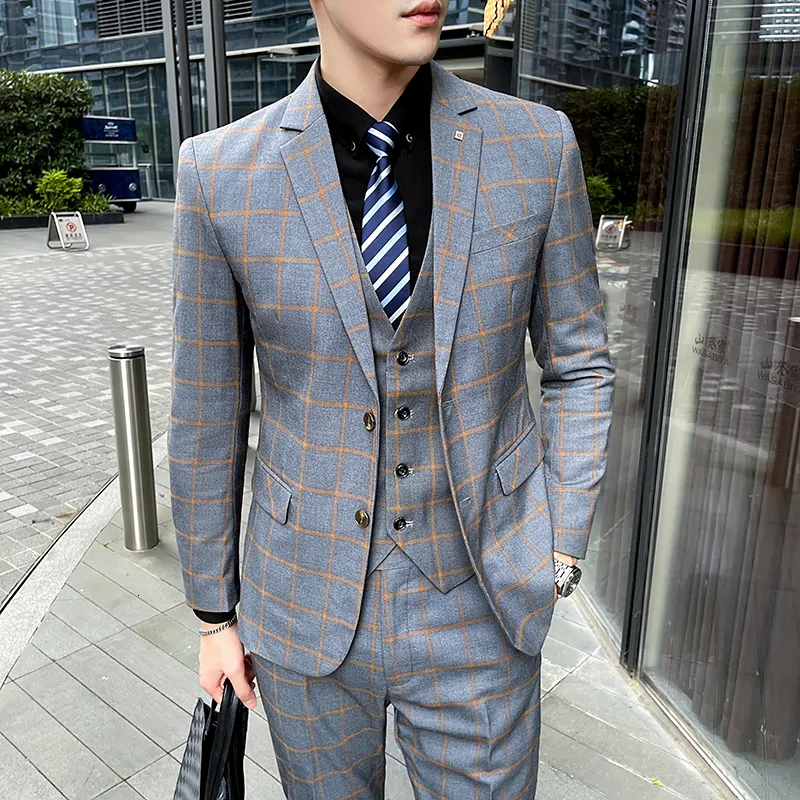 Men's Suits Blazers 3 pieces Slim Fit Checkered Suit Set with Jacket Vest and Dress Pants Business Fashion Party Wedding mens suits 230915