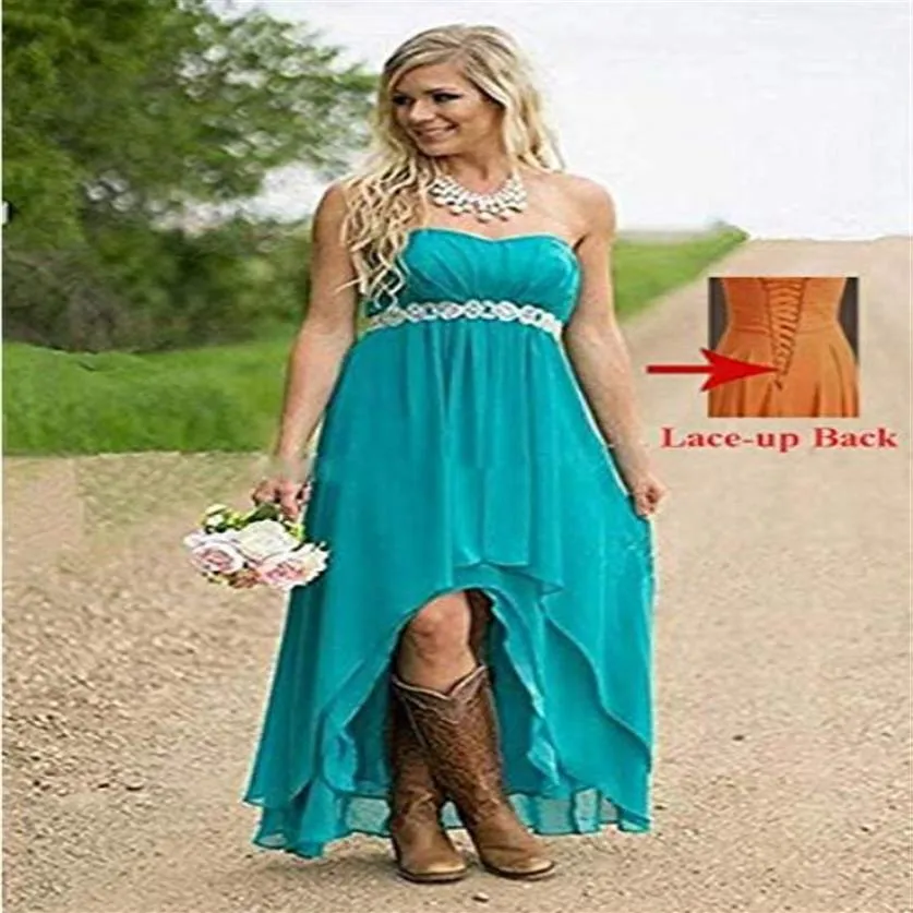 Fanciest Sweetheart Women' Strapless High Low Country Style Bridesmaid Dresses Wedding Party Gowns Turquoise With Crystal Bea260Q