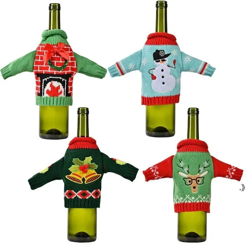 Navidad Christmas Decoration Knitted Clothes Wine Bottle Cover Bags Beer Champagne Bottles Covers Table Holiday Decor Xmas Gifts