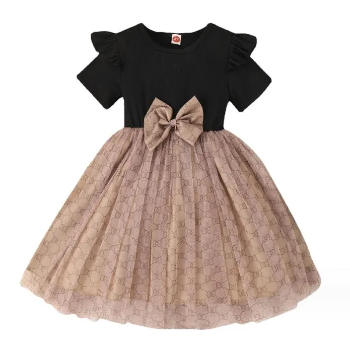 Härliga babyflickor Summer Princess Dresses With Bowknot Kids Kort ärm klänning Barn spetsledsklänning 2-7 år