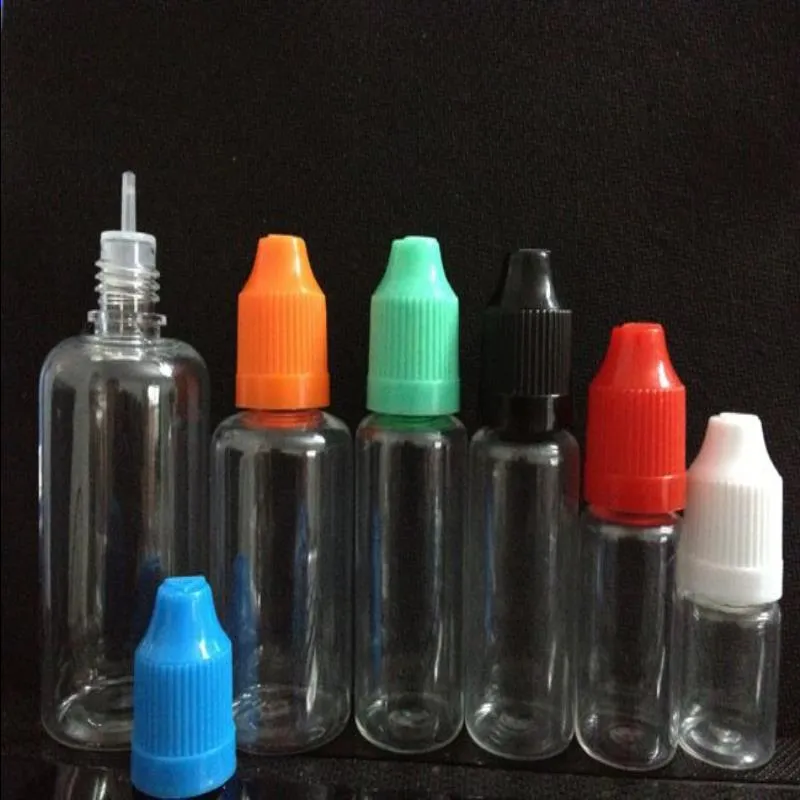 500pcs E Liquid PET Garrafa conta-gotas com tampas coloridas à prova de crianças Longas pontas finas Clear Plastic Needle Bottlesl 5ml 10ml 15ml 20ml 30ml 5 Gwra