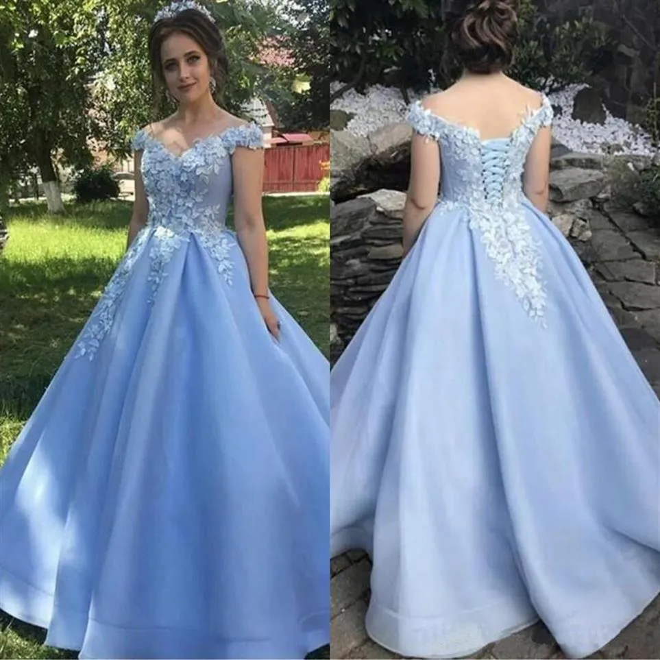 Fengyudress bleu clair épaules dénudées a-ligne robes de Quinceanera Appliques fleurs 3D sans manches plissées doux 16 robes de bal277f