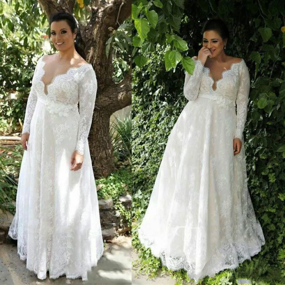 Oszałamiające 2019 Koronkie suknie ślubne z Illusion Country V-deter-Neck Long Rleeve Garden Vestido de Noiva Bridal Stun Ball Custom234J