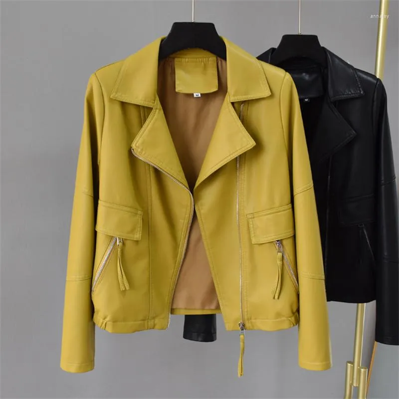 Cuir de femme printemps automne femmes courte fausse veste jaune beige noir manteau costume col à manches longues femme motard Jaqueta Feminina