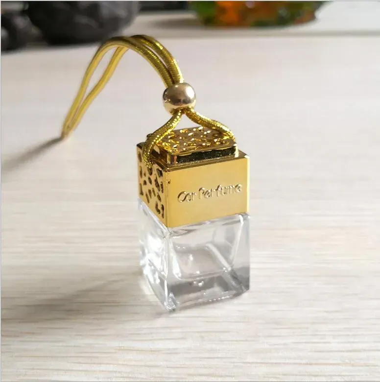 Cube Hollow Car Perfume Bottle Rearview Ornament Hanging Air Freshener For Oils Diffuser Fragrance Empty Glass Bottle Pendant
