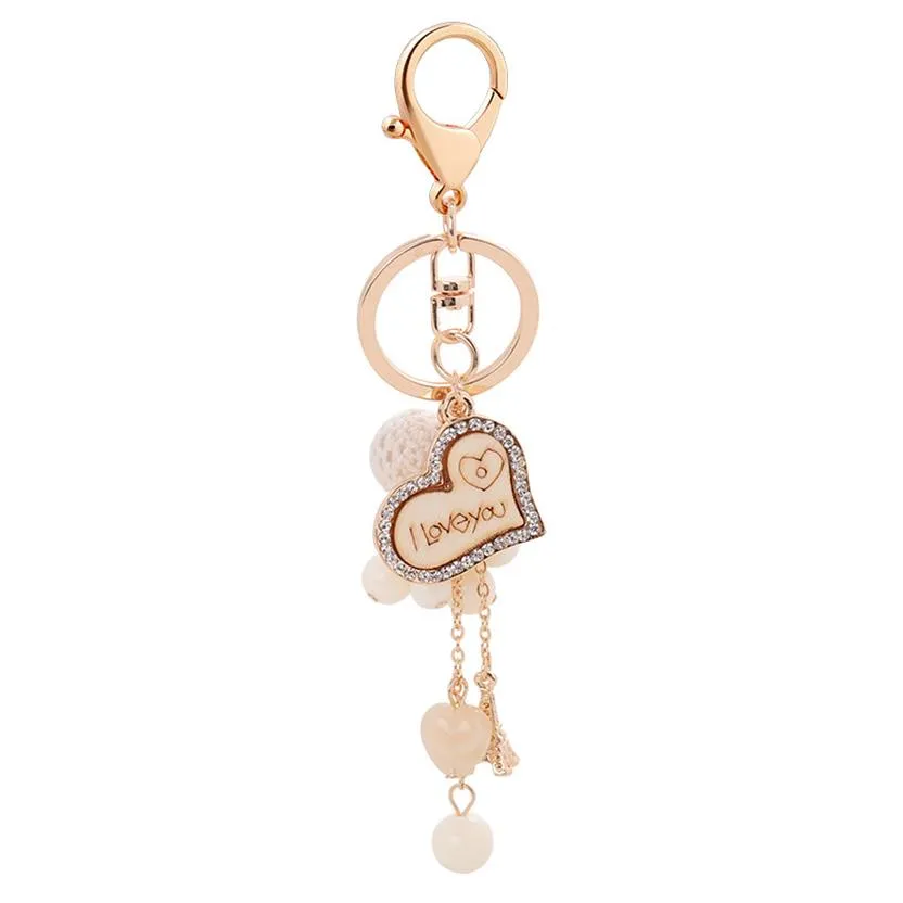 Heart Love Key Rings Jewelry Rhinestone Keychains Chain Fashion Design Bead Ball Pendant Bag Charms Metal Car Keyring Holder Gifts302r