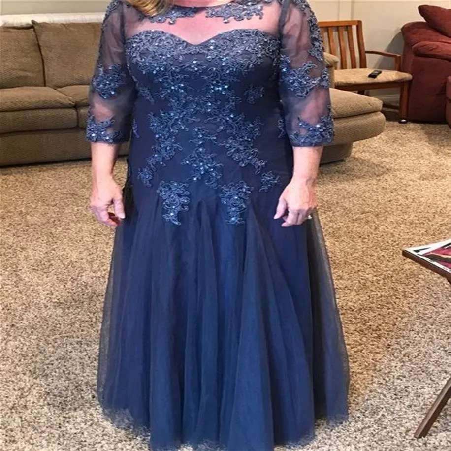 Blue Mother Of The Bride Dresses A-line 3 4 Sleeves Tulle Appliques Beaded Plus Size Long Groom Mother Dresses For Weddings289b