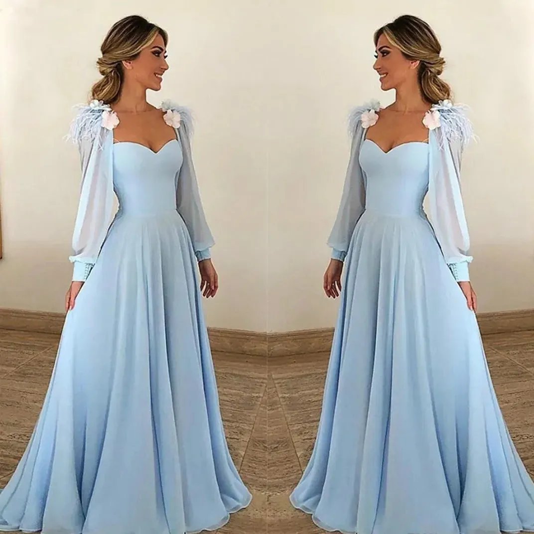 Jasnoniebieskie szyfonowe sukienki wieczorne Kobiety formalny impreza nocna szata de soiree eleganckie vestidos długie rękawy Prom Maxi sukienka