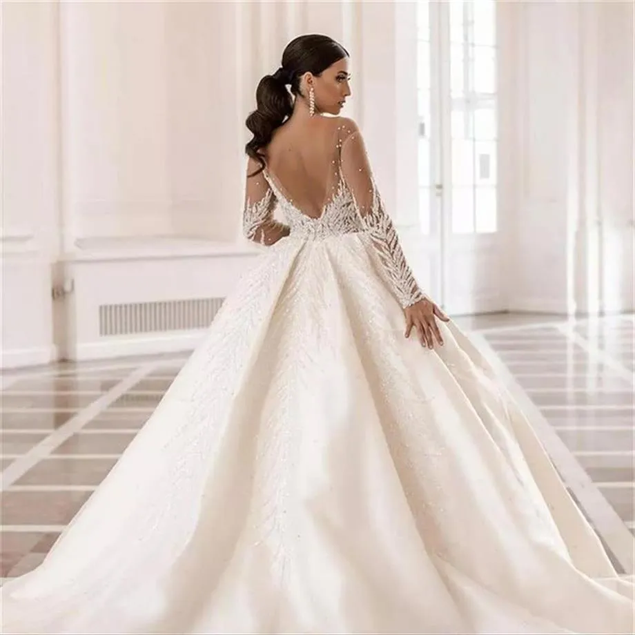 Luxe Arabe Dubaï Perles Cristaux Robe De Bal Robes De Mariée 2022 Robe De Noiva Doux Tulle À Manches Longues Robes De Mariée De Mariage cph254o