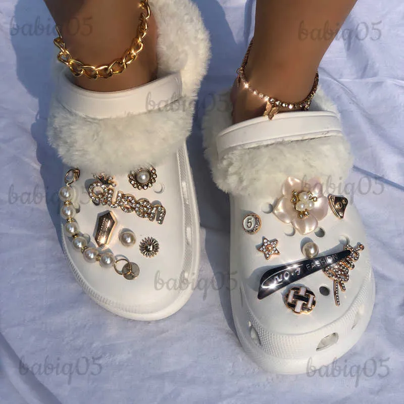 Pantofole da donna giardino caldo peluche zoccoli signore strass sandali con pelliccia prugna regina perla charms catena inverno peloso zoccoli scarpe pantofole babiq05