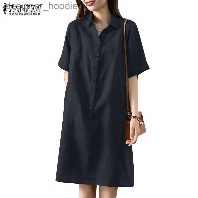 Grundläggande casual klänningar Zanzea kvinnor koreanska dagliga casual hformade kortärmade breasted lapel shirtdresses l230916