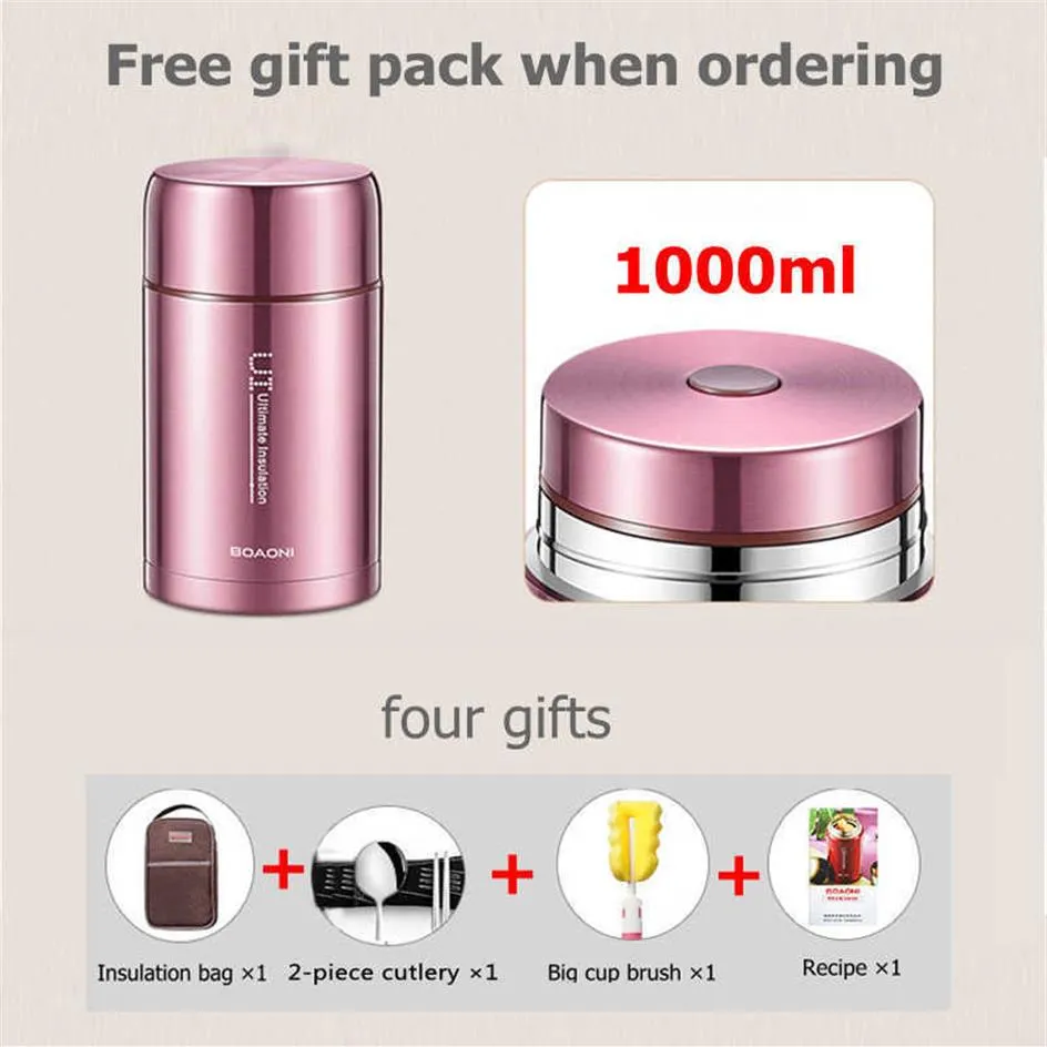 BOAONI 800ml 1000ml Food Thermal Jar Vacuum Insulated Soup Thermos Containers 316 Stainless Steel Lunch Box with Folding Spoon 210237C