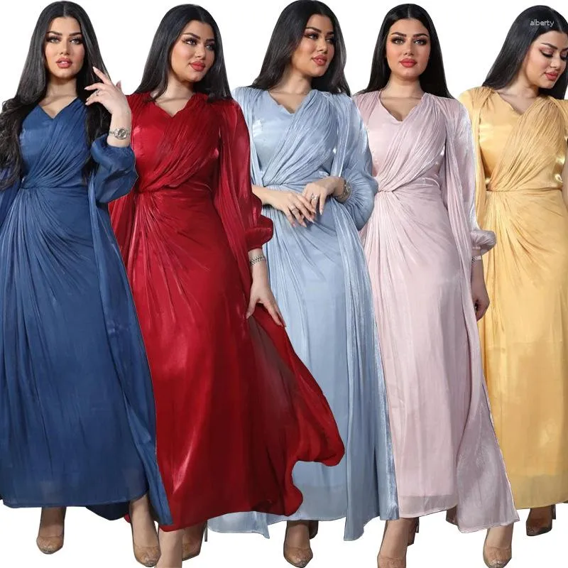 Ethnic Clothing Muslim Elegant Women Wrap Dress Cardigan Vest V-Neck Arab Islamic Pleated Solid 2 Pieces Set