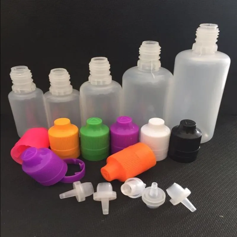Färgglada plastflaskor 3 ml 5 ml 10 ml 15 ml 20 ml 30 ml 50 ml 60 ml 100 ml 120 ml E flytande droppflaskor med långa tunna spetsar.