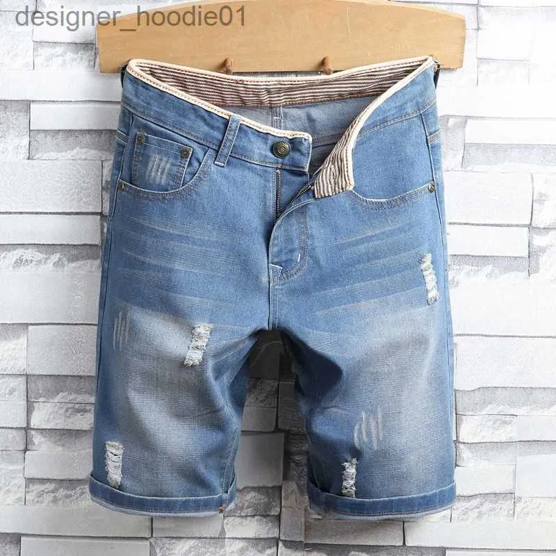 Jeans para hombres Tamaño 28-38 Hombres Pantalones cortos de mezclilla Moda casual Agujero desgastado Rasgado Estiramiento Elástico Pantalones cortos Jean Blue Jean L230916