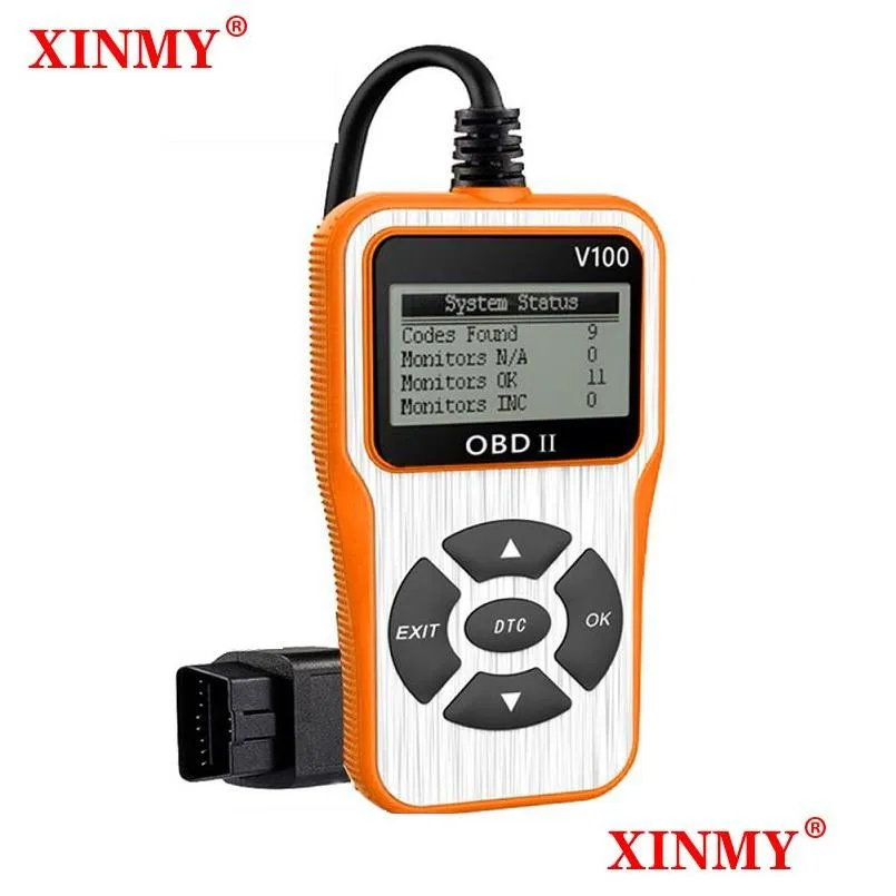 أدوات التشخيص V100 OBD2 الماسح الضوئي المحمول باليد MTI-FUNMANCEDAL DANENTABLE 6 Language LCD OBD II CAR TOOL CODER DROP DROM DHKD6