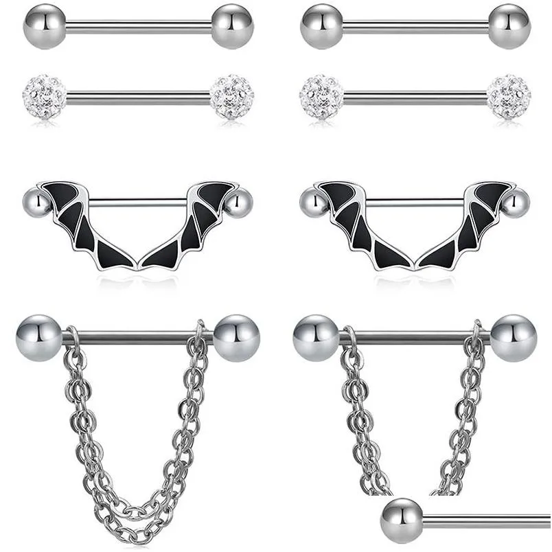 Anéis de língua 14G Cadeia Dangle Heart-Shape Piercing Straight Mamilo Barbell Body Kit para Mulheres Meninas Drop Delivery Jóias Dhgarden Dhziv