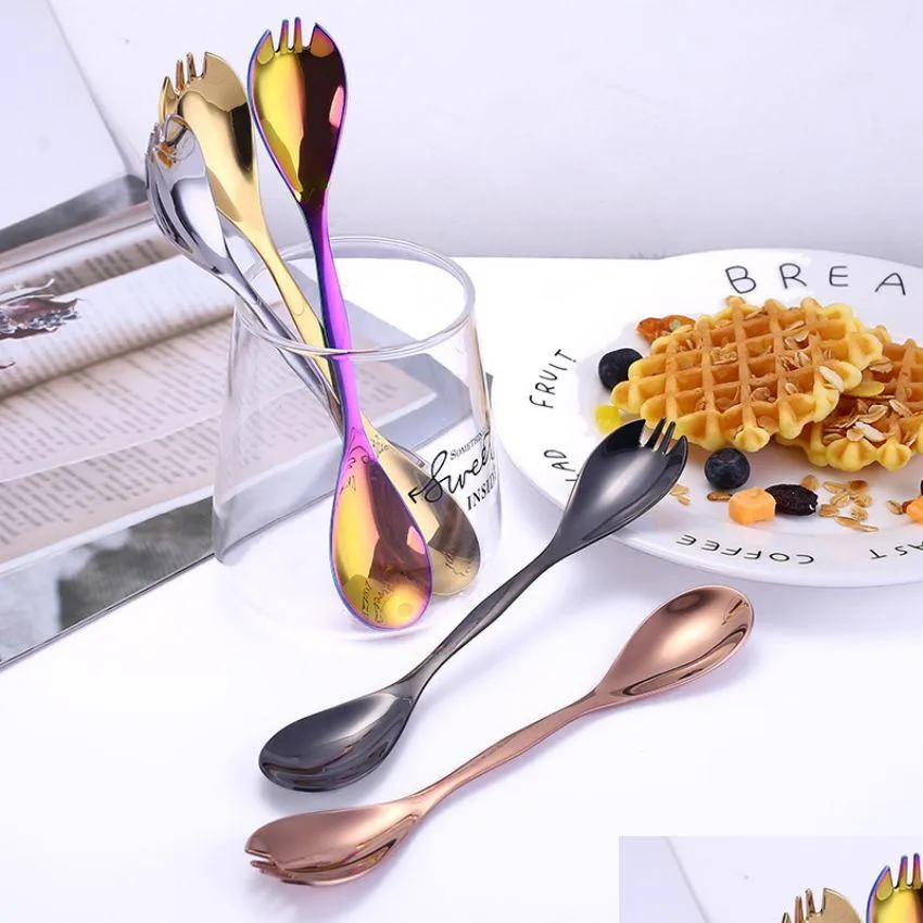 Spoons Stainless Steel Mtifunction Double Head Spoon Fork Home Kitchen Dining Flatware Noodles Ice Cream Dessert Forks Cutlery Tool Dr Dhcag