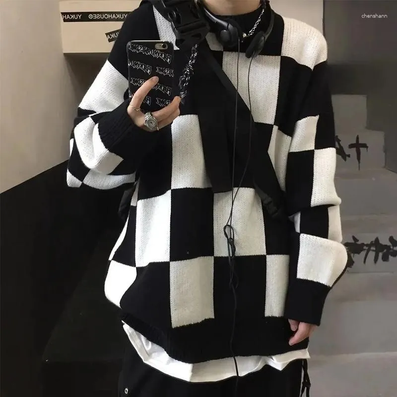 Kobiety Swatery Czarne białe kraciasty na dzianina Korean Vintage Casual Oversize Sweter Y2K Streetwear Winter Harajuku Gothic Style Women