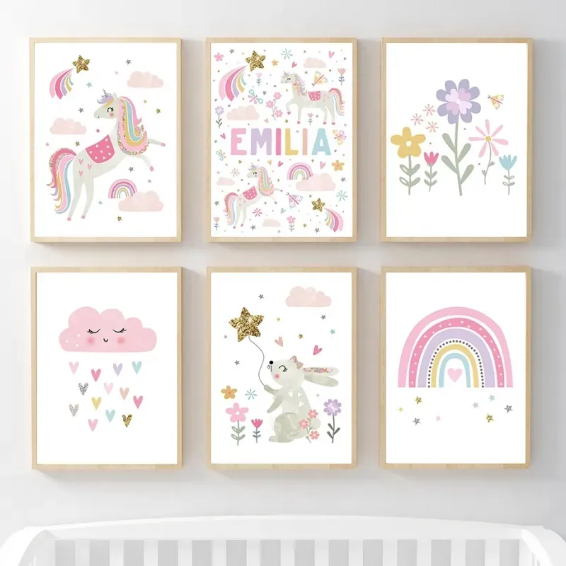 Tela unicorno rosa dipingere coniglio arcobaleno nuvola di fiori da vivaio arte poster art stampare decorazione della camera per bambini l01