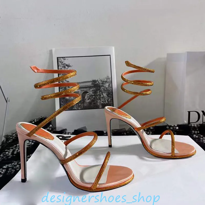 Strass Snake Strass stiletto sandalen Rene Caovilla Cleo 95mm Avondschoenen dames hoge hakken Enkelwikkel luxe designer fabrieksschoen Met doos