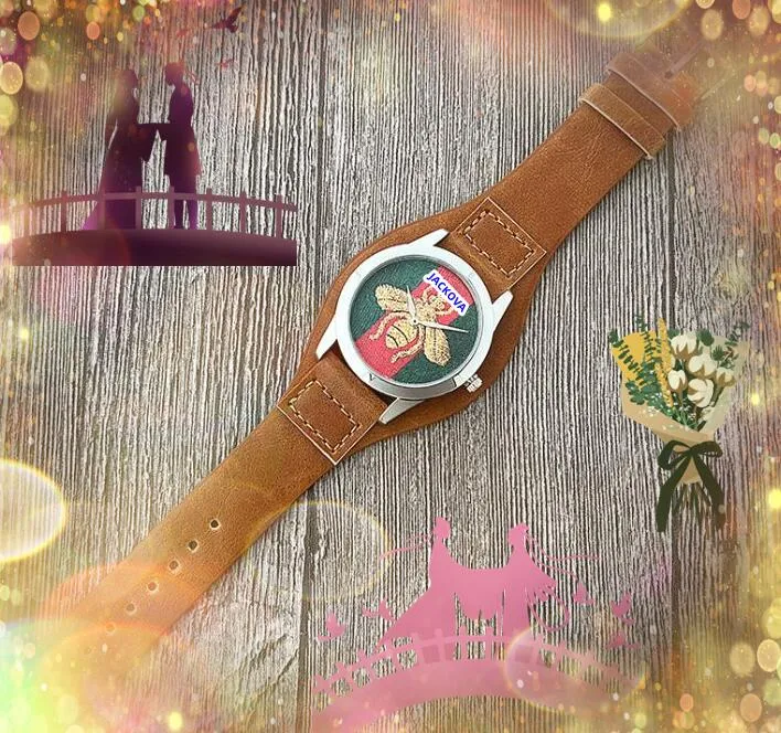 Amantes famosos, reloj de diseño de dos pines, 38 mm, moda de lujo, abeja, tigre, serpiente, esfera esquelética, reloj para mujeres, hombres, movimiento de cuarzo, cuero marrón, correa de nailon, relojes montre de luxe