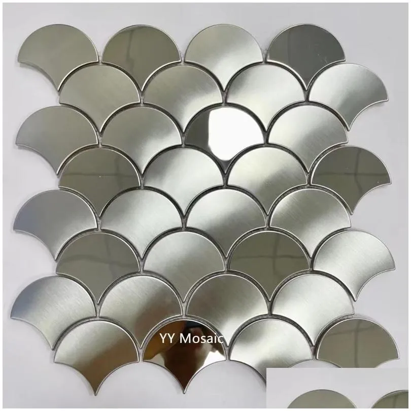 Duvar Çıkartmaları Modern Sier Fan Ölçekli Şekillendirilmiş Ayna Fırçalanmış Metal Mozaik Fayans Mutfak/Salon/Showroom/Mağaza Kapısı Dekor Delme Delim Dhega