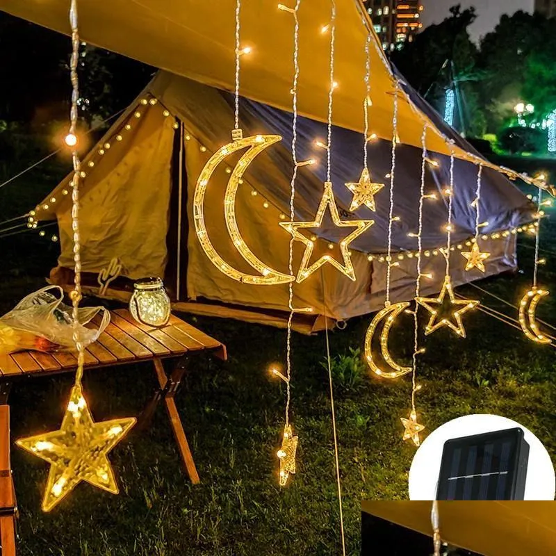 Led Strings Solar Lamp Star Moon Fairy Curtain String Lights Christmas Garland For Bar Home Wedding Party Garden Patio Window Decor Dhui1