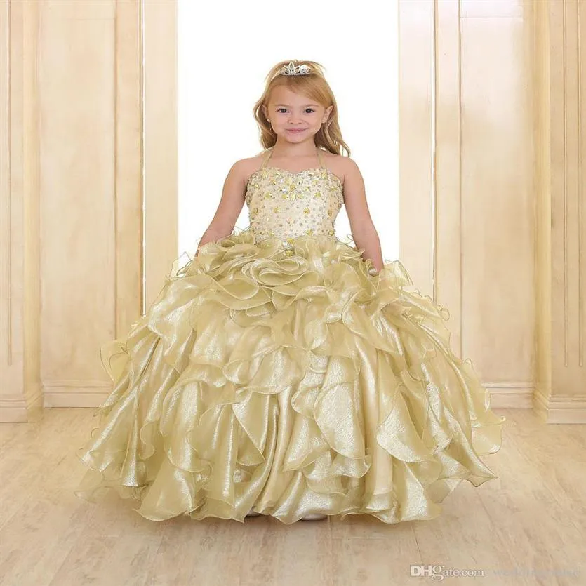 2020 Sparkling Girls Pageant Dresses Gold Princess Spaghetti Strap Crystal Beads Ruffles Organza Ball Gown Flower Girls Dresses Wi2493