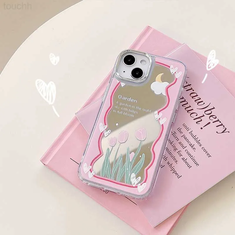 Obudowy telefonu komórkowego Flower Mirror Pokrycie mobilne na iPhone 11 14 Pro Max Case Tulip Cartoon Puppy Puppy na iPhone 11 12 13 14 Pro Max L230916