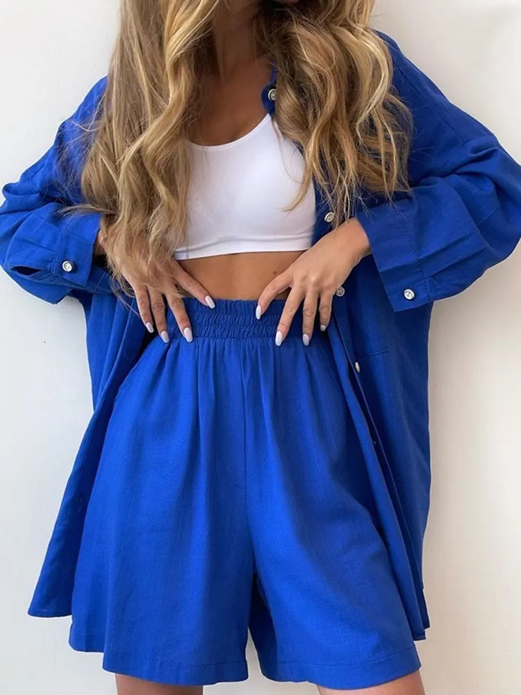 Women's Tracksuits Summer Suit Shirt and Short Sets Solid Color Casual Cotton Linen Blouse Shorts Two Piece Set Outfit 2023 230915