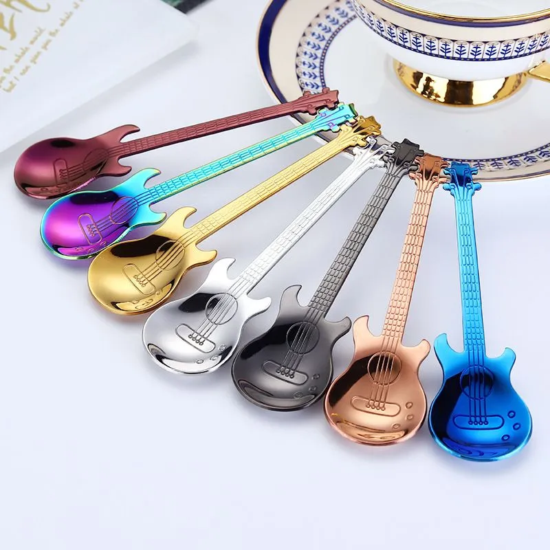 Creative 304 stainless steel small coffee spoons Guitar Violin shape dessert spoon Stirring spoon lovely titanium plated ice scoop