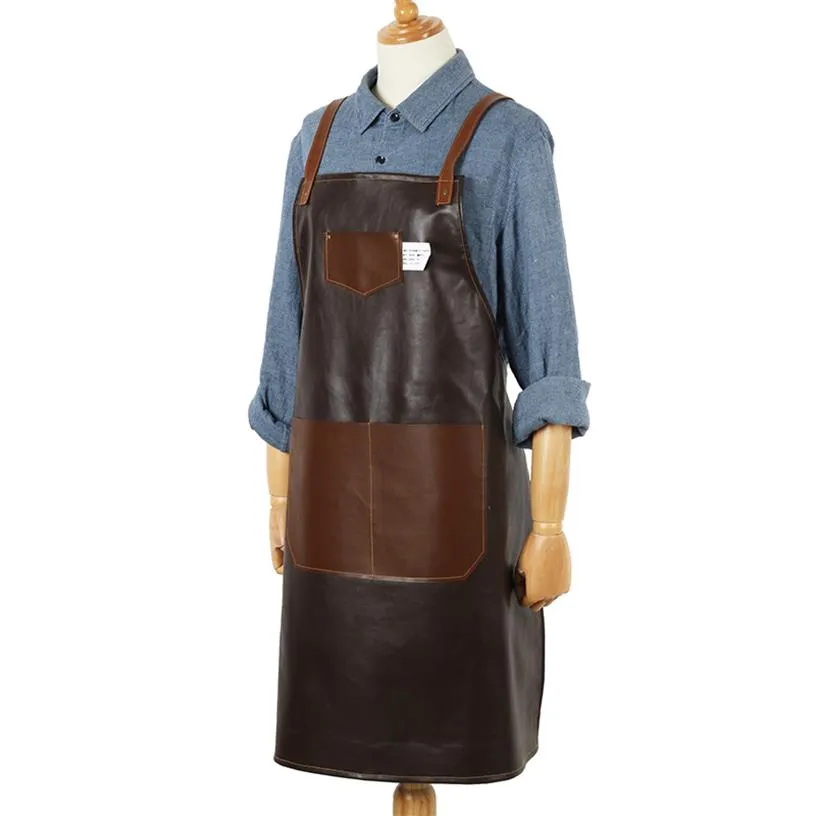 New BBQ Leather PU Apron Bib Leather Straps Chef Kitchen Apron for Women Men Pockets barber cook Restaurant Waitress 201007235H