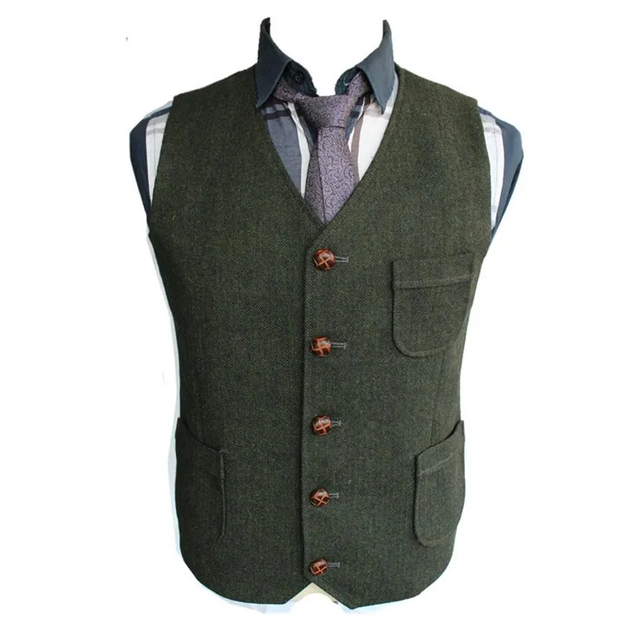 2019 Dark Green Groom Vests Country Wedding Wool Herringbone Tweed Vest Slim Fit Men's Suit Vest Dress Coat Dress Waistcoat F270j