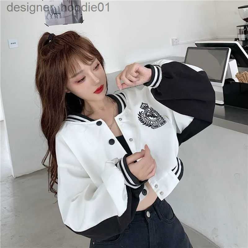 Kvinnors jackor Baseball Uniform Jacket Kvinnors Autumn Outer Wear Small Western Style Loose Mångsidig kort trendig brev broderi Lång L230916