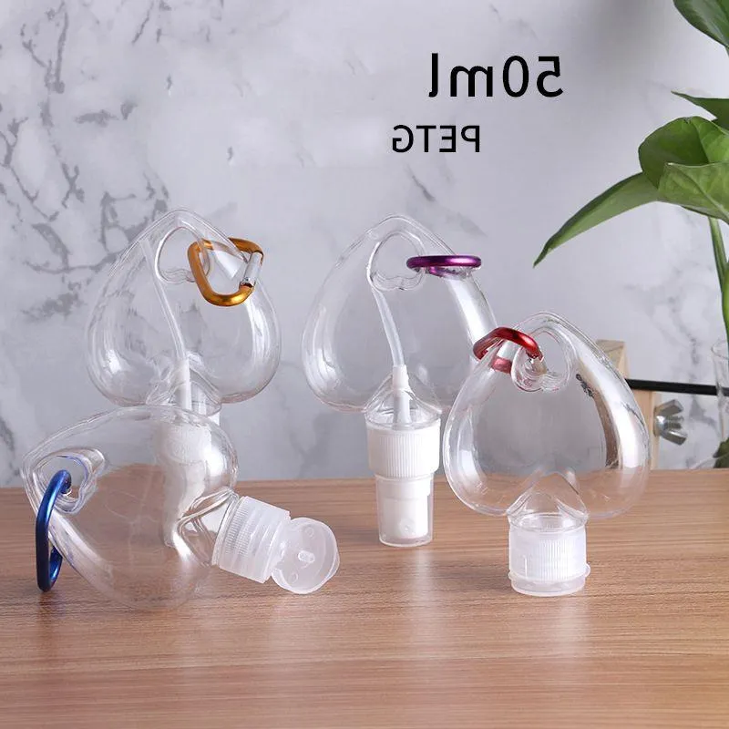 Empty Love Heart Plastic Alcohol Refillable Bottle 50ml Clear Transparent PET Hand Sanitizer Bottles with Key Ring Hook Easy to Carry Terfl